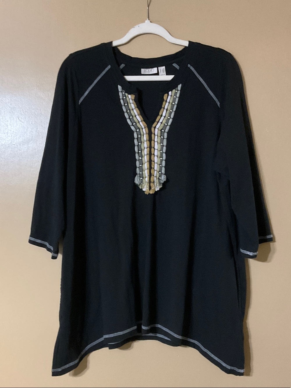 LOGO by Lori Goldstein Black V Neck Tunic with Embellished thread Trim